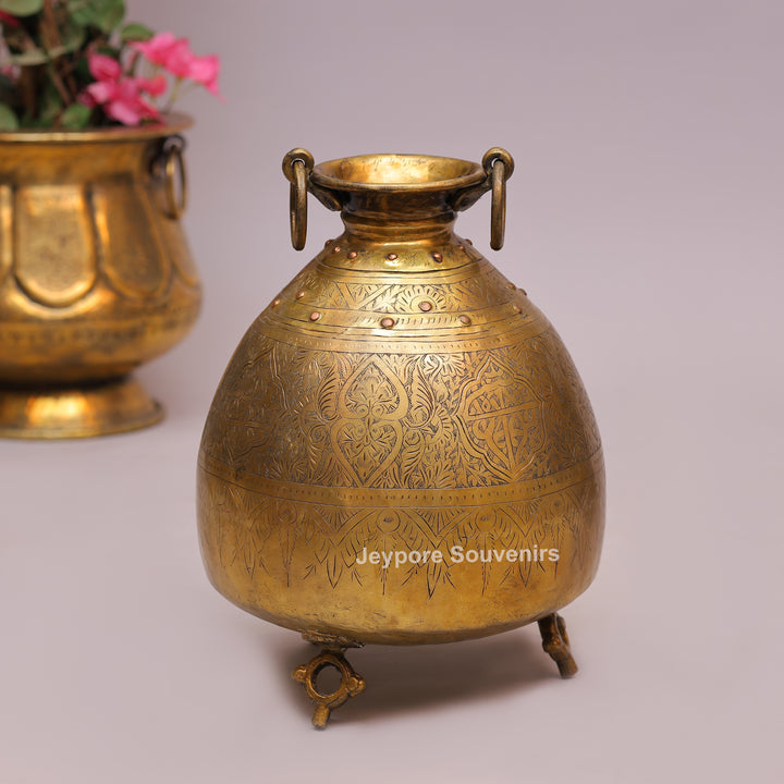 Handcrafted Large Brass Pot with Floral Engraving &amp; Ring Handles