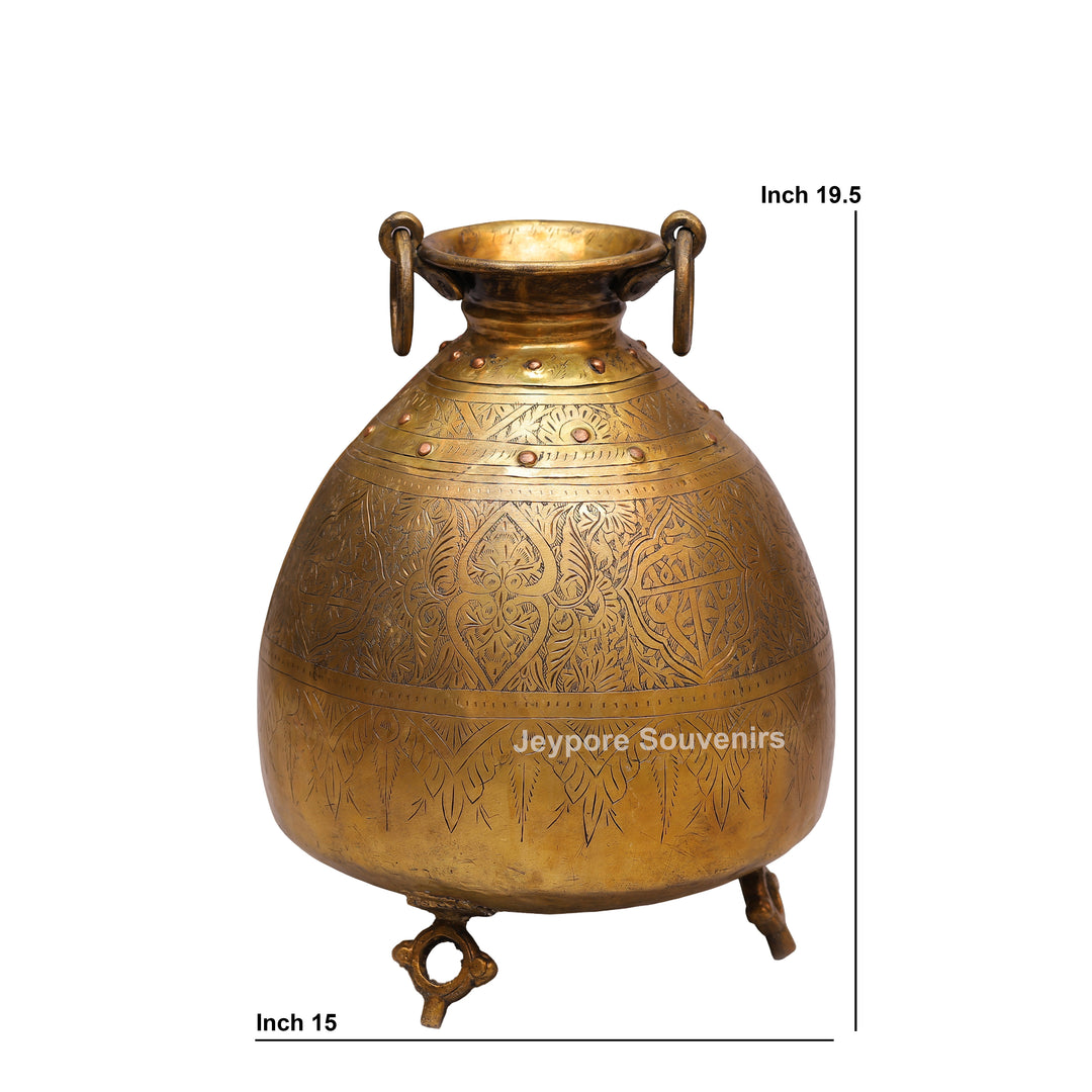 Handcrafted Large Brass Pot with Floral Engraving &amp; Ring Handles