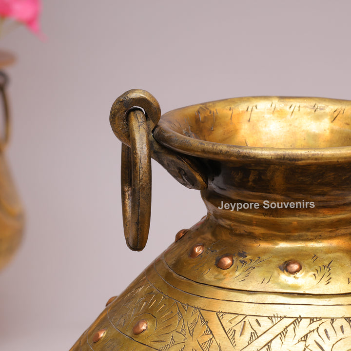 Handcrafted Large Brass Pot with Floral Engraving &amp; Ring Handles
