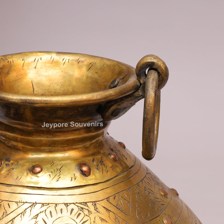 Handcrafted Large Brass Pot with Floral Engraving &amp; Ring Handles