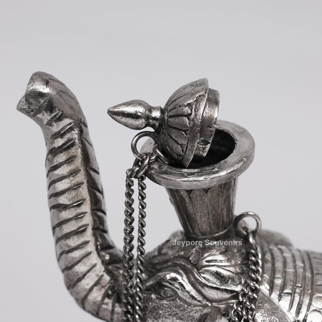 Hand-Engraved Silver Polished Copper Elephant Surahi Showpiece