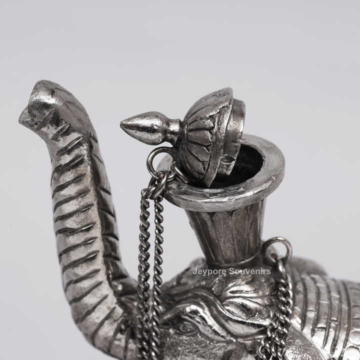 Hand-Engraved Silver Polished Copper Elephant Surahi Showpiece