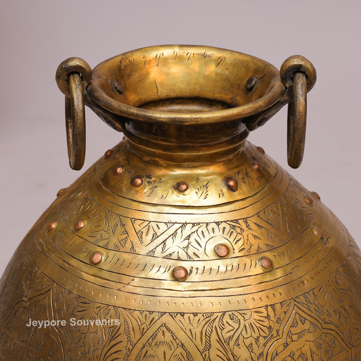 Handcrafted Large Brass Pot with Floral Engraving &amp; Ring Handles