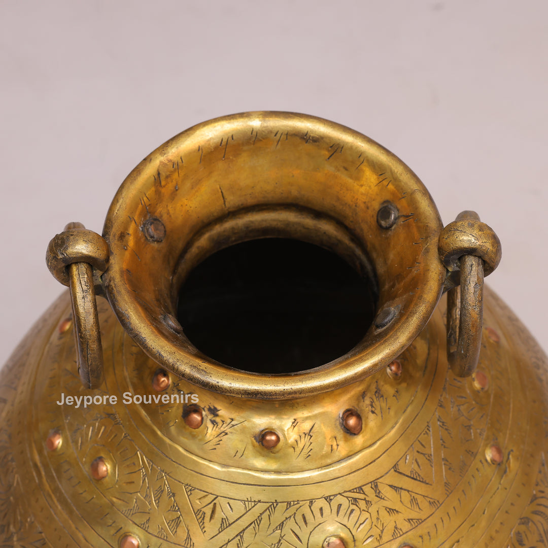 Handcrafted Large Brass Pot with Floral Engraving &amp; Ring Handles