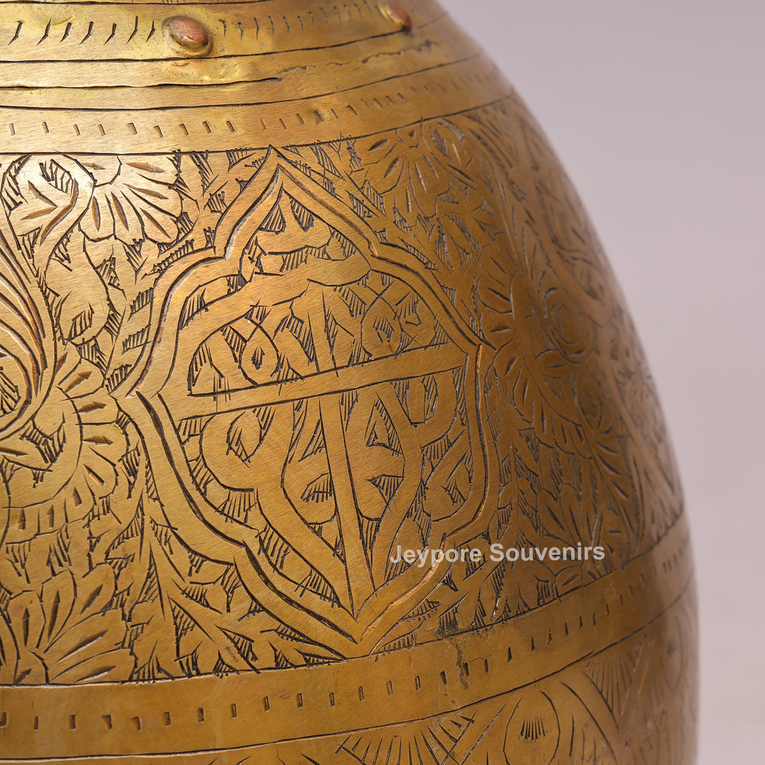 Handcrafted Large Brass Pot with Floral Engraving &amp; Ring Handles