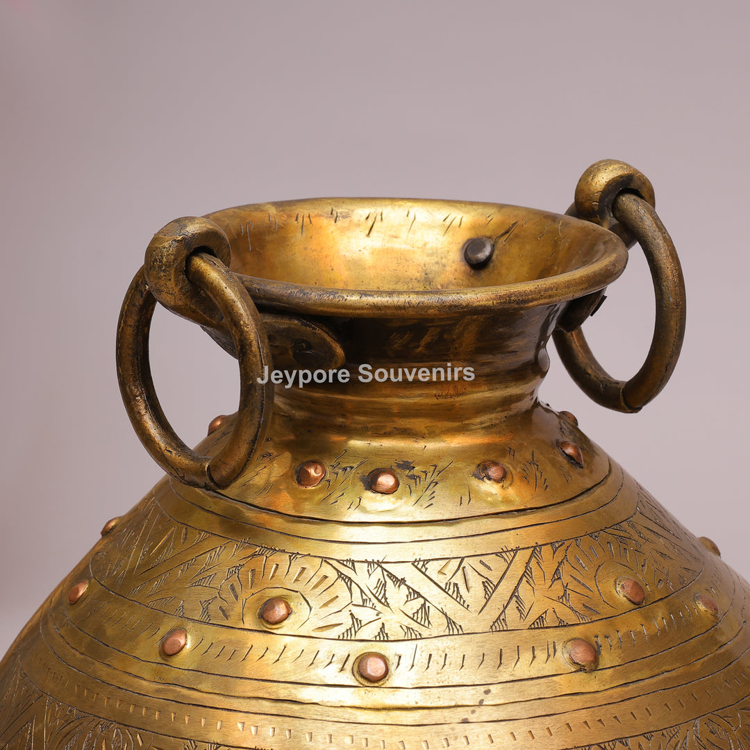 Handcrafted Large Brass Pot with Floral Engraving &amp; Ring Handles