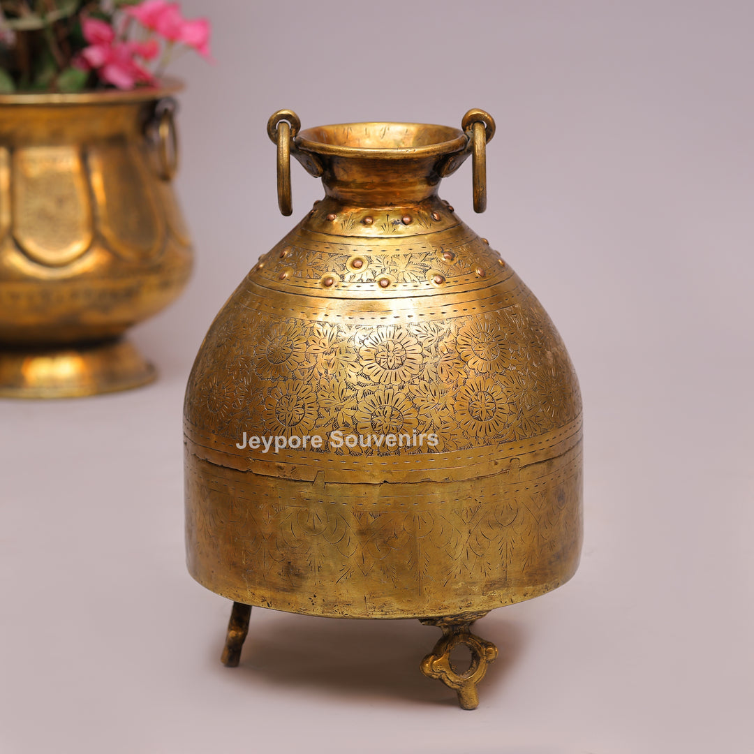 Handcrafted Large Brass Planter with Floral Engraving &amp; Ring Handles