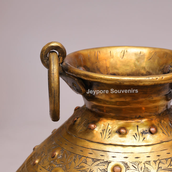 Handcrafted Large Brass Planter with Floral Engraving &amp; Ring Handles