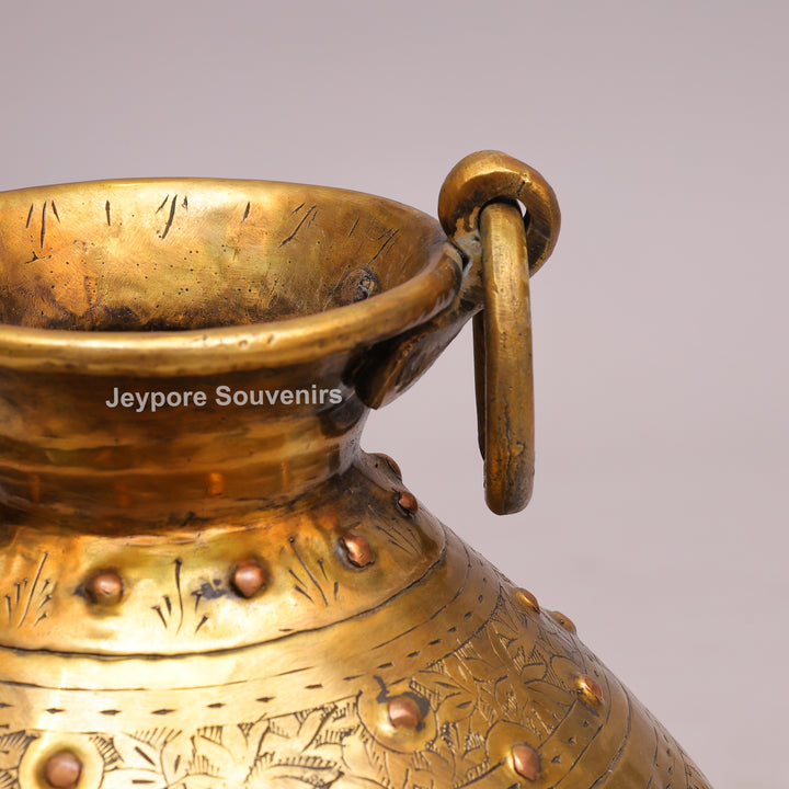 Handcrafted Large Brass Planter with Floral Engraving &amp; Ring Handles