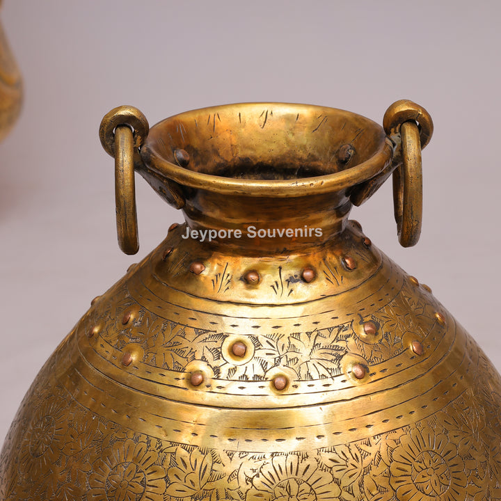 Handcrafted Large Brass Planter with Floral Engraving &amp; Ring Handles