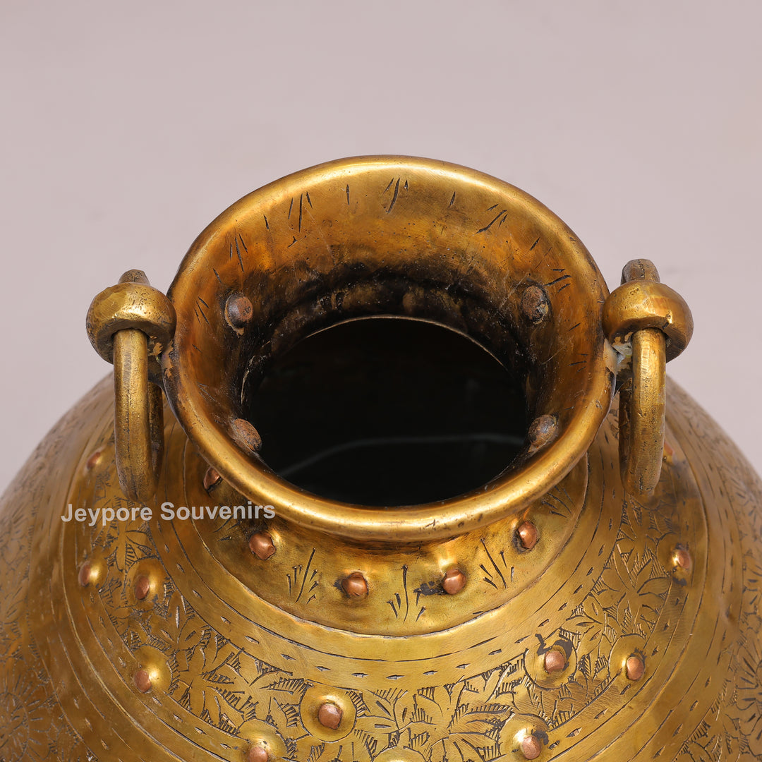 Handcrafted Large Brass Planter with Floral Engraving &amp; Ring Handles