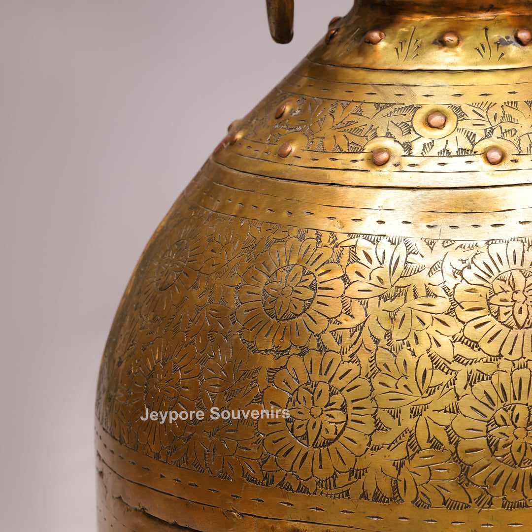 Handcrafted Large Brass Planter with Floral Engraving &amp; Ring Handles
