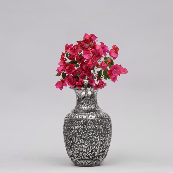 Hand-Carved Silver Polished Copper Vase with Floral &amp; Bird Motifs