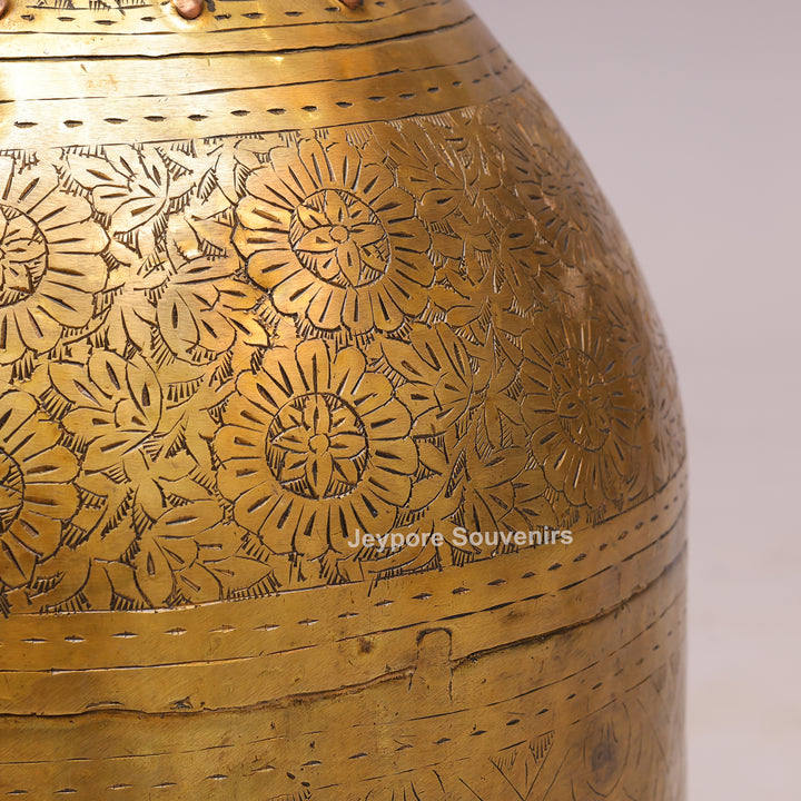 Handcrafted Large Brass Planter with Floral Engraving &amp; Ring Handles