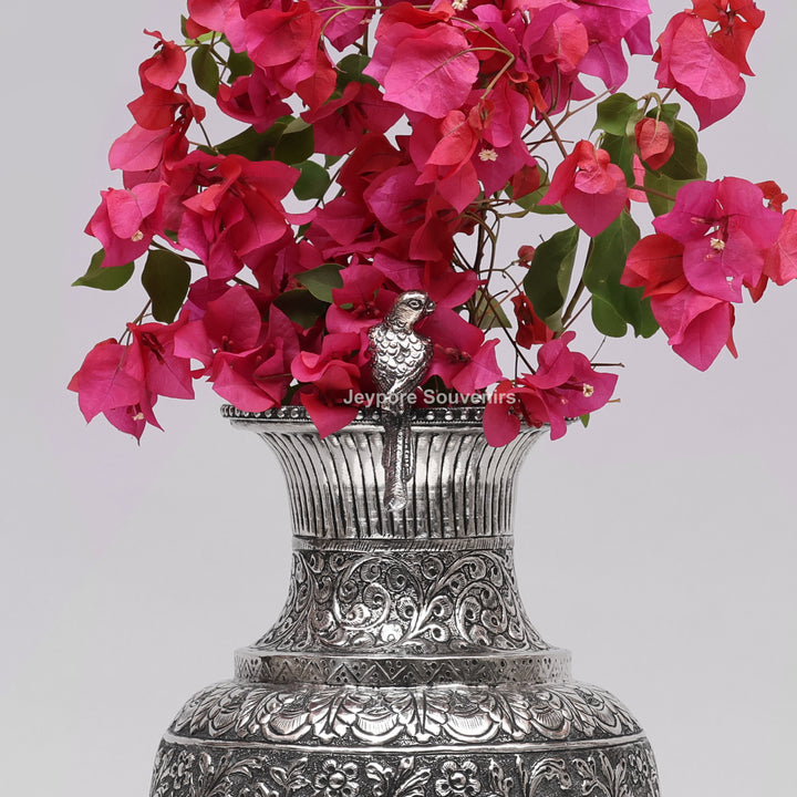 Hand-Carved Silver Polished Copper Vase with Floral &amp; Bird Motifs