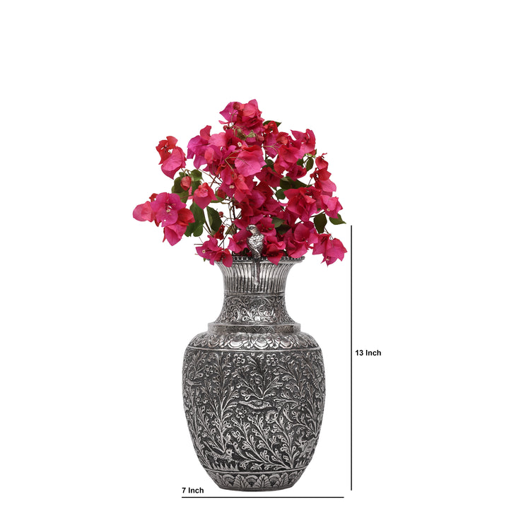 Hand-Carved Silver Polished Copper Vase with Floral &amp; Bird Motifs