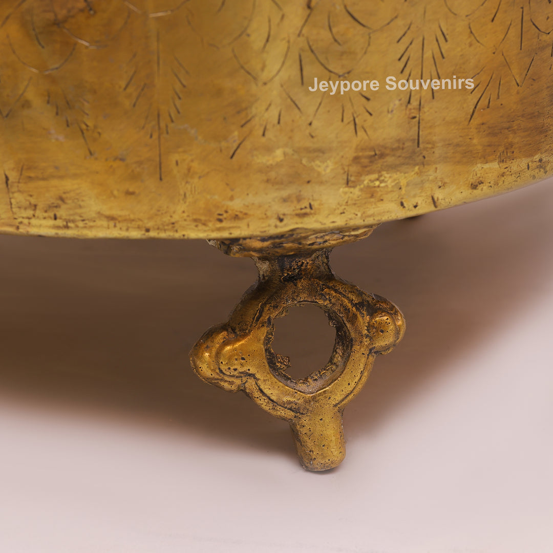 Handcrafted Large Brass Planter with Floral Engraving &amp; Ring Handles