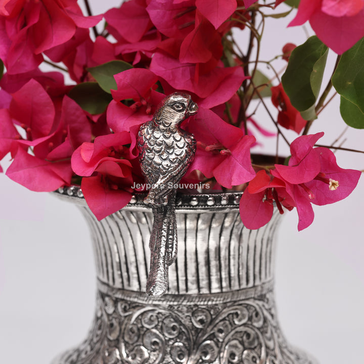 Hand-Carved Silver Polished Copper Vase with Floral &amp; Bird Motifs