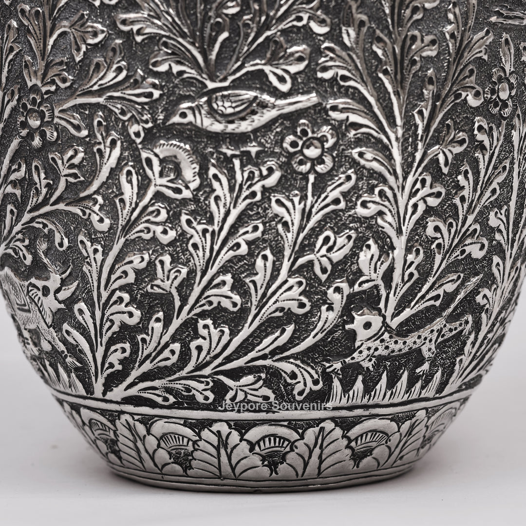 Hand-Carved Silver Polished Copper Vase with Floral &amp; Bird Motifs