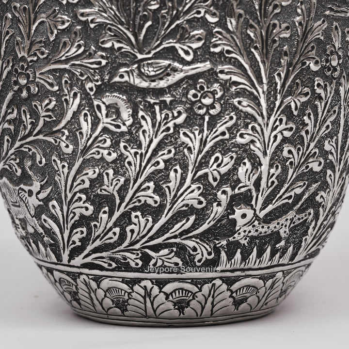 Hand-Carved Silver Polished Copper Vase with Floral &amp; Bird Motifs