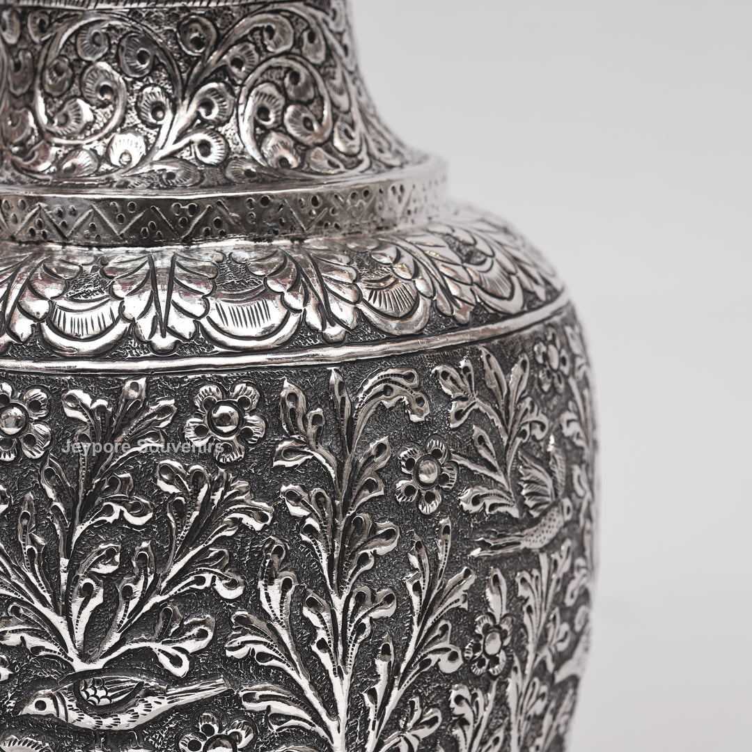 Hand-Carved Silver Polished Copper Vase with Floral &amp; Bird Motifs