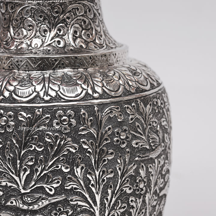 Hand-Carved Silver Polished Copper Vase with Floral &amp; Bird Motifs
