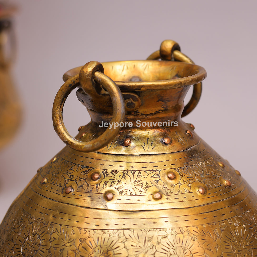 Handcrafted Large Brass Planter with Floral Engraving &amp; Ring Handles