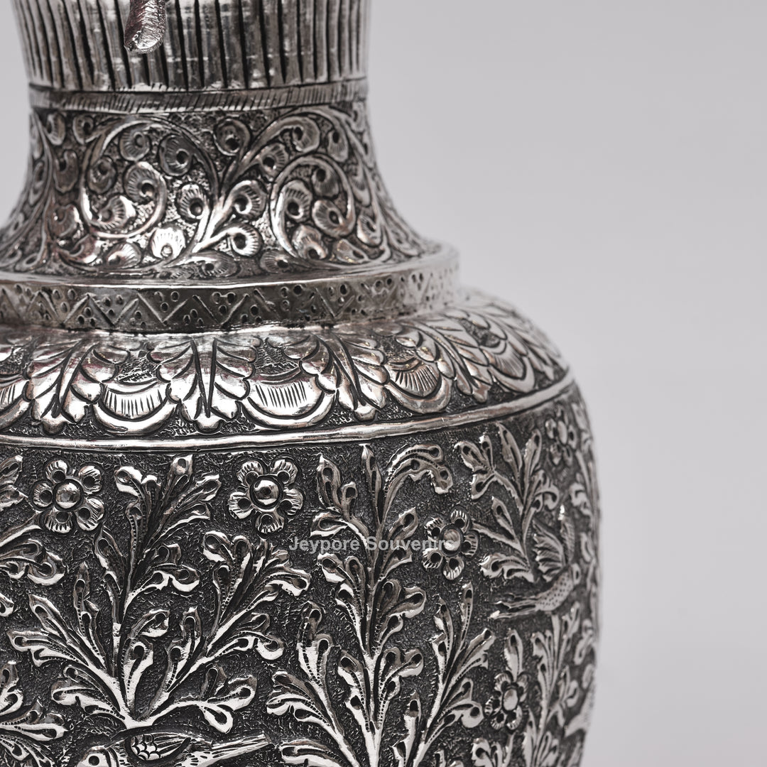 Hand-Carved Silver Polished Copper Vase with Floral &amp; Bird Motifs