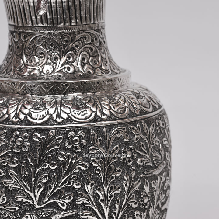 Hand-Carved Silver Polished Copper Vase with Floral &amp; Bird Motifs