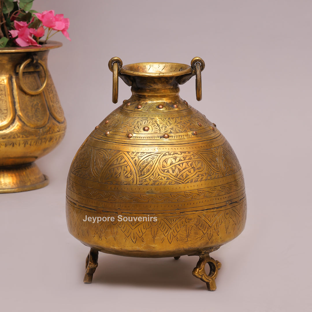 Handcrafted Large Brass Ring Handle Planter with Floral Engraving