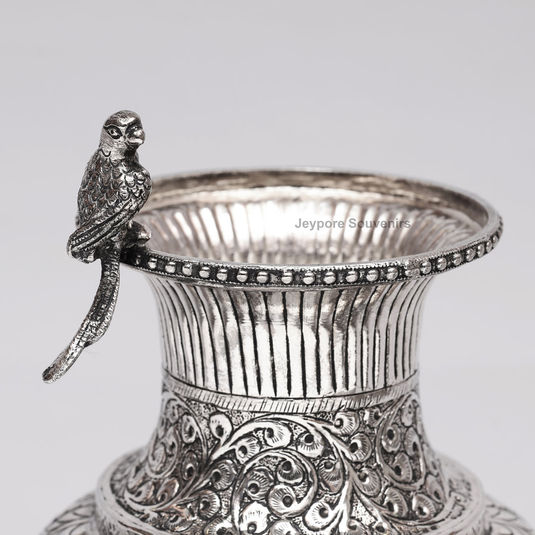 Hand-Carved Silver Polished Copper Vase with Floral &amp; Bird Motifs