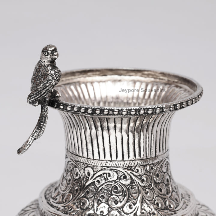 Hand-Carved Silver Polished Copper Vase with Floral &amp; Bird Motifs