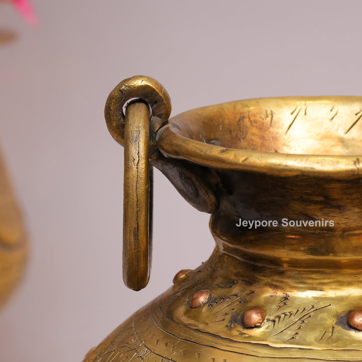 Handcrafted Large Brass Ring Handle Planter with Floral Engraving
