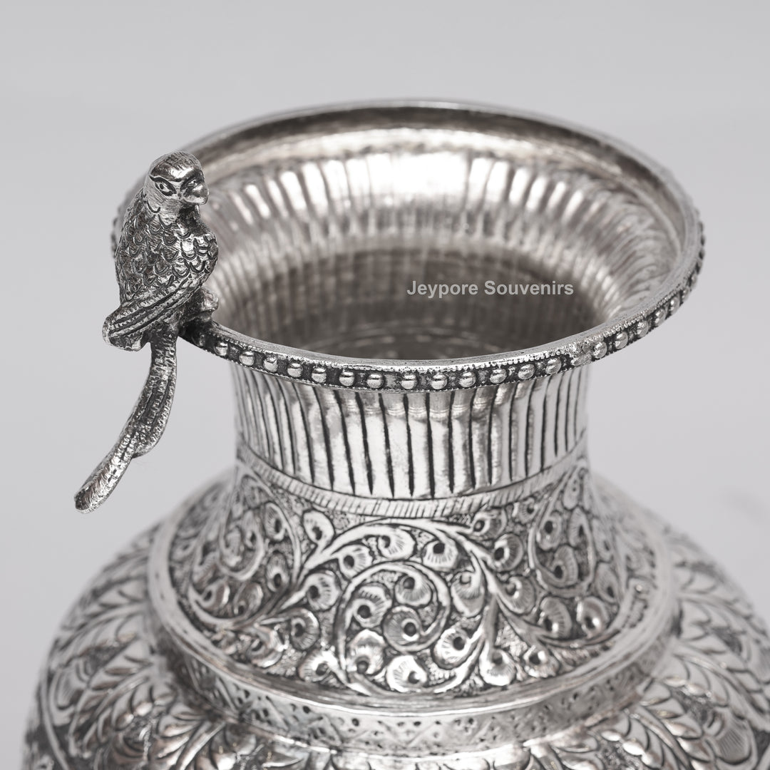 Hand-Carved Silver Polished Copper Vase with Floral &amp; Bird Motifs