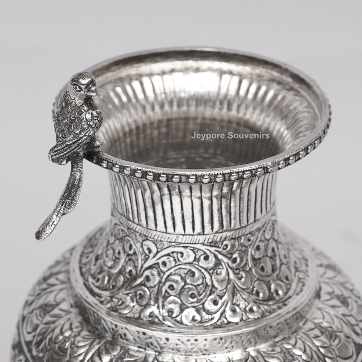 Hand-Carved Silver Polished Copper Vase with Floral &amp; Bird Motifs