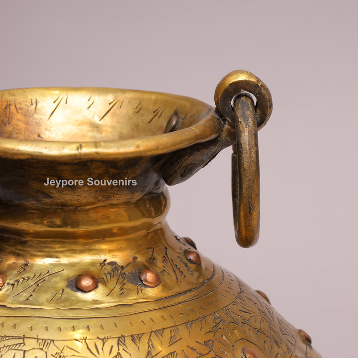 Handcrafted Large Brass Ring Handle Planter with Floral Engraving