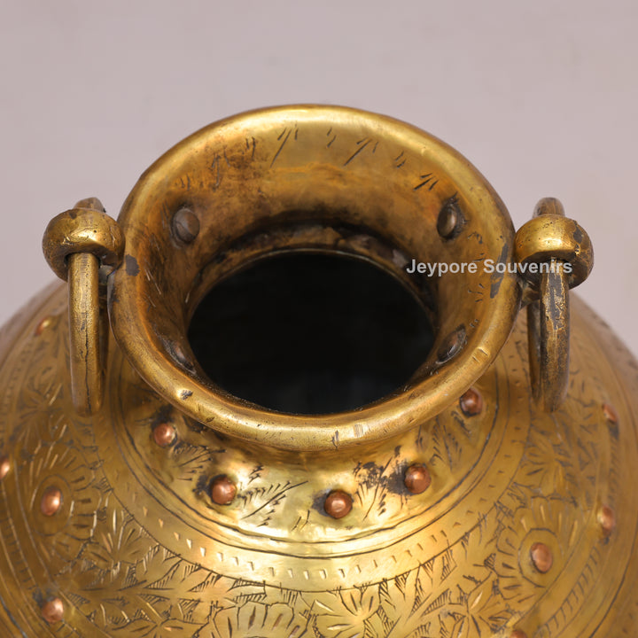 Handcrafted Large Brass Ring Handle Planter with Floral Engraving