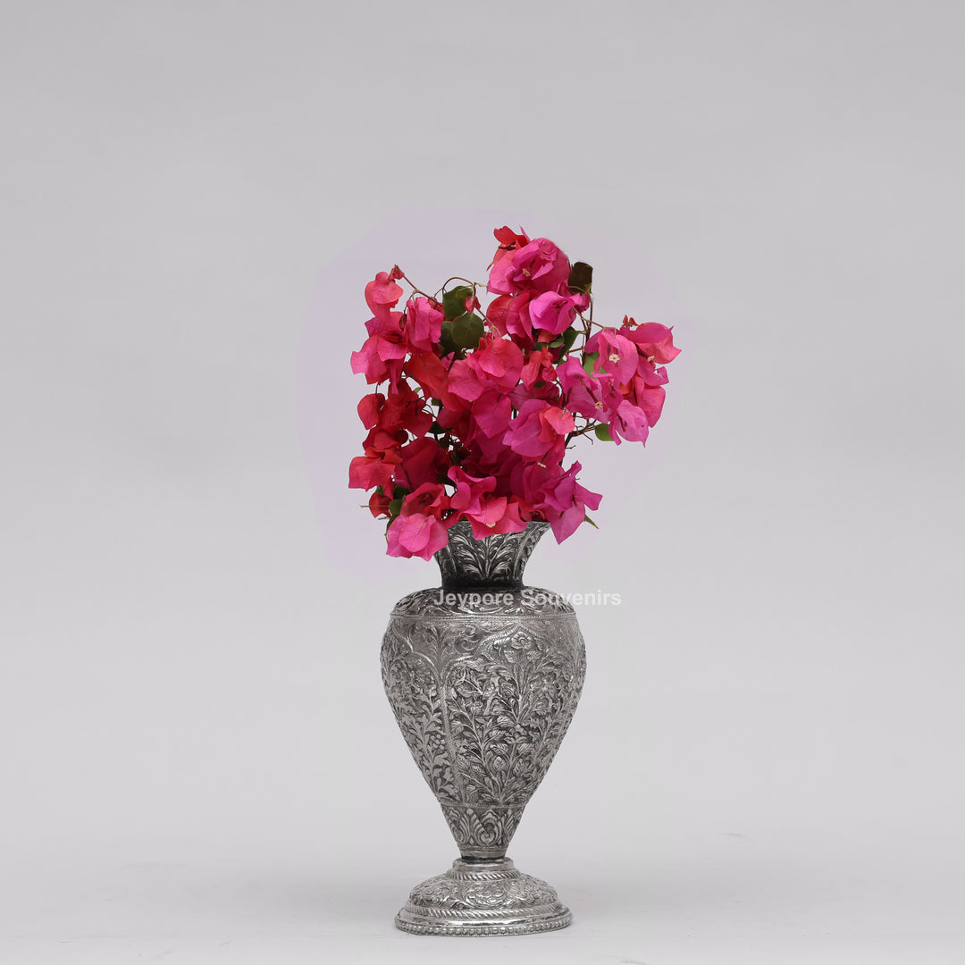 Hand-Carved Silver Polished Copper Floral Vase