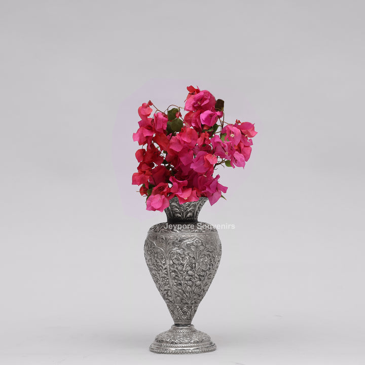 Hand-Carved Silver Polished Copper Floral Vase