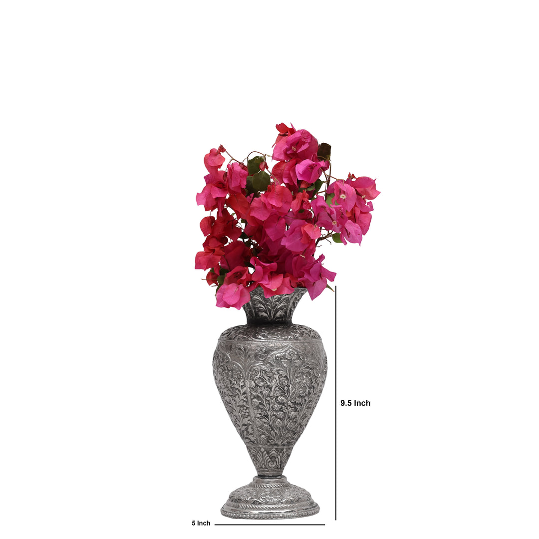 Hand-Carved Silver Polished Copper Floral Vase