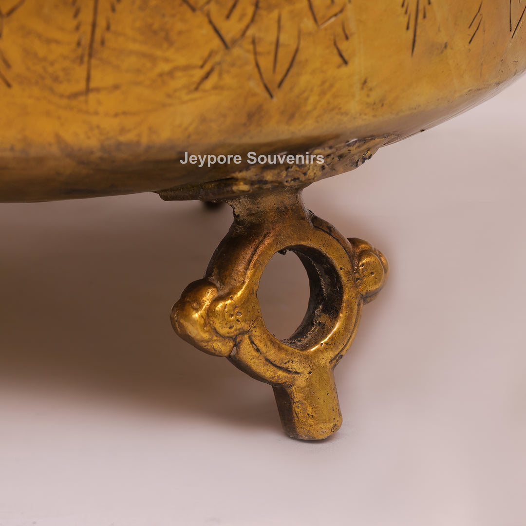 Handcrafted Large Brass Ring Handle Planter with Floral Engraving