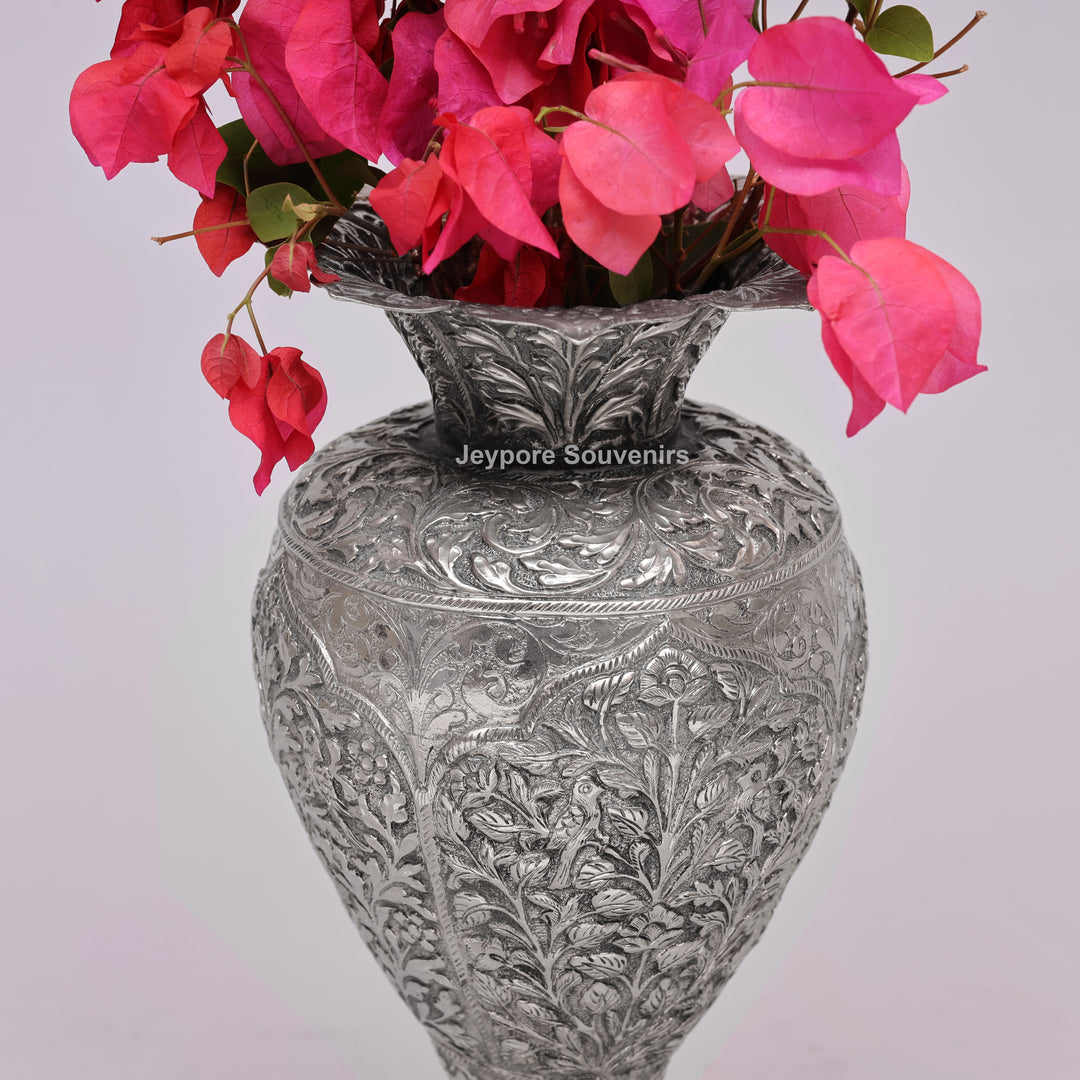 Hand-Carved Silver Polished Copper Floral Vase