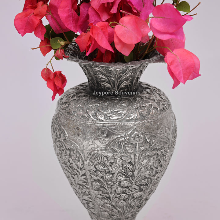 Hand-Carved Silver Polished Copper Floral Vase