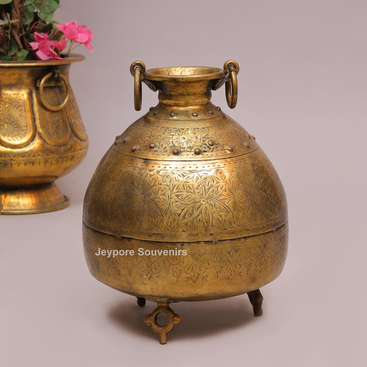 Handcrafted Brass Planter with Floral Engraving &amp; Ring Handles