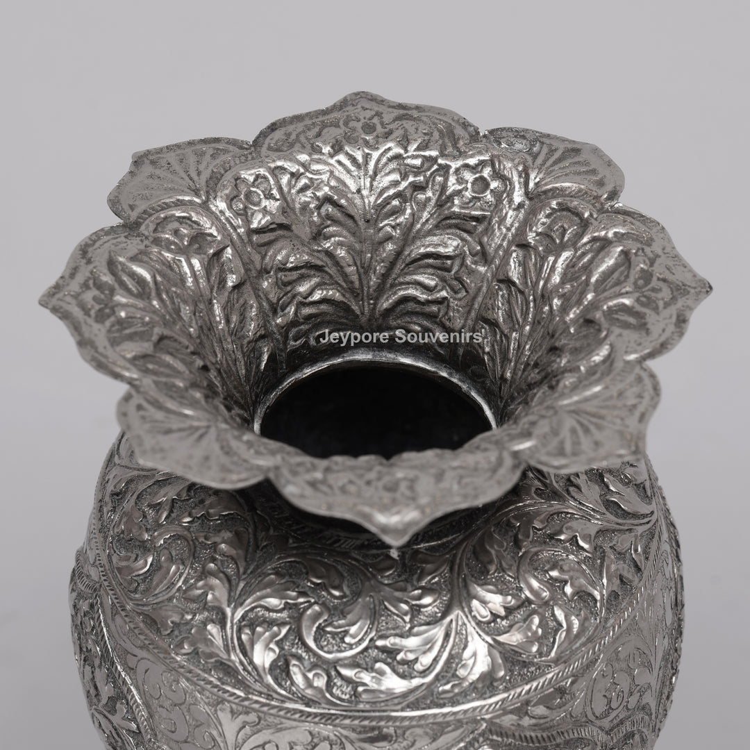 Hand-Carved Silver Polished Copper Floral Vase
