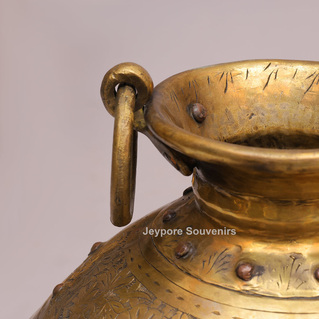 Handcrafted Brass Planter with Floral Engraving &amp; Ring Handles