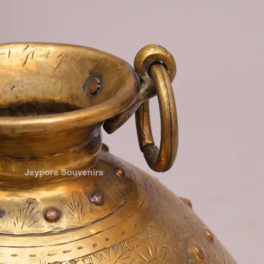 Handcrafted Brass Planter with Floral Engraving &amp; Ring Handles