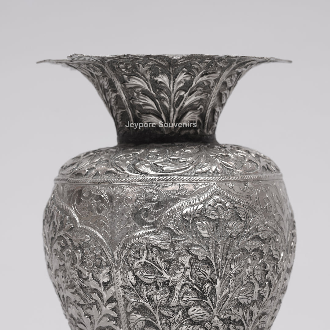 Hand-Carved Silver Polished Copper Floral Vase