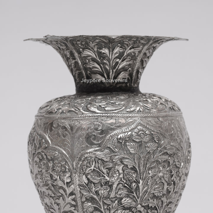 Hand-Carved Silver Polished Copper Floral Vase