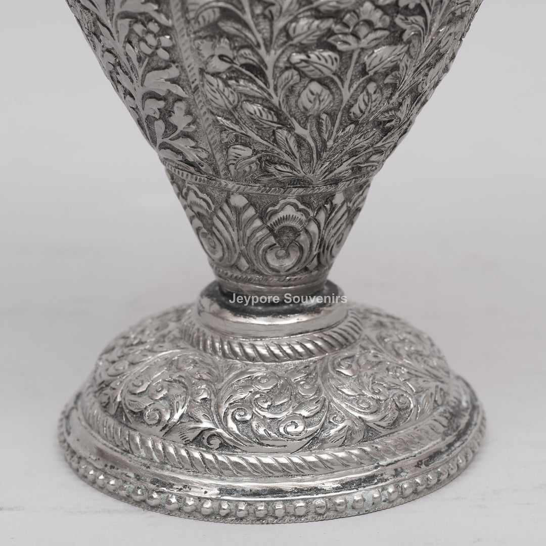 Hand-Carved Silver Polished Copper Floral Vase